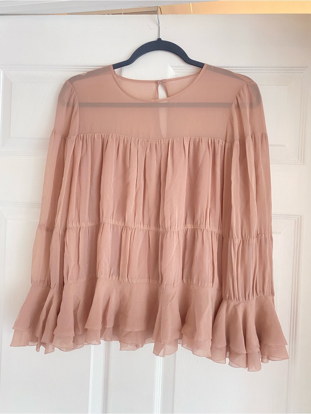 INTERMIX Blush Pink Tiered Ruffle Sheer Yoke Silk Blouse Petite S